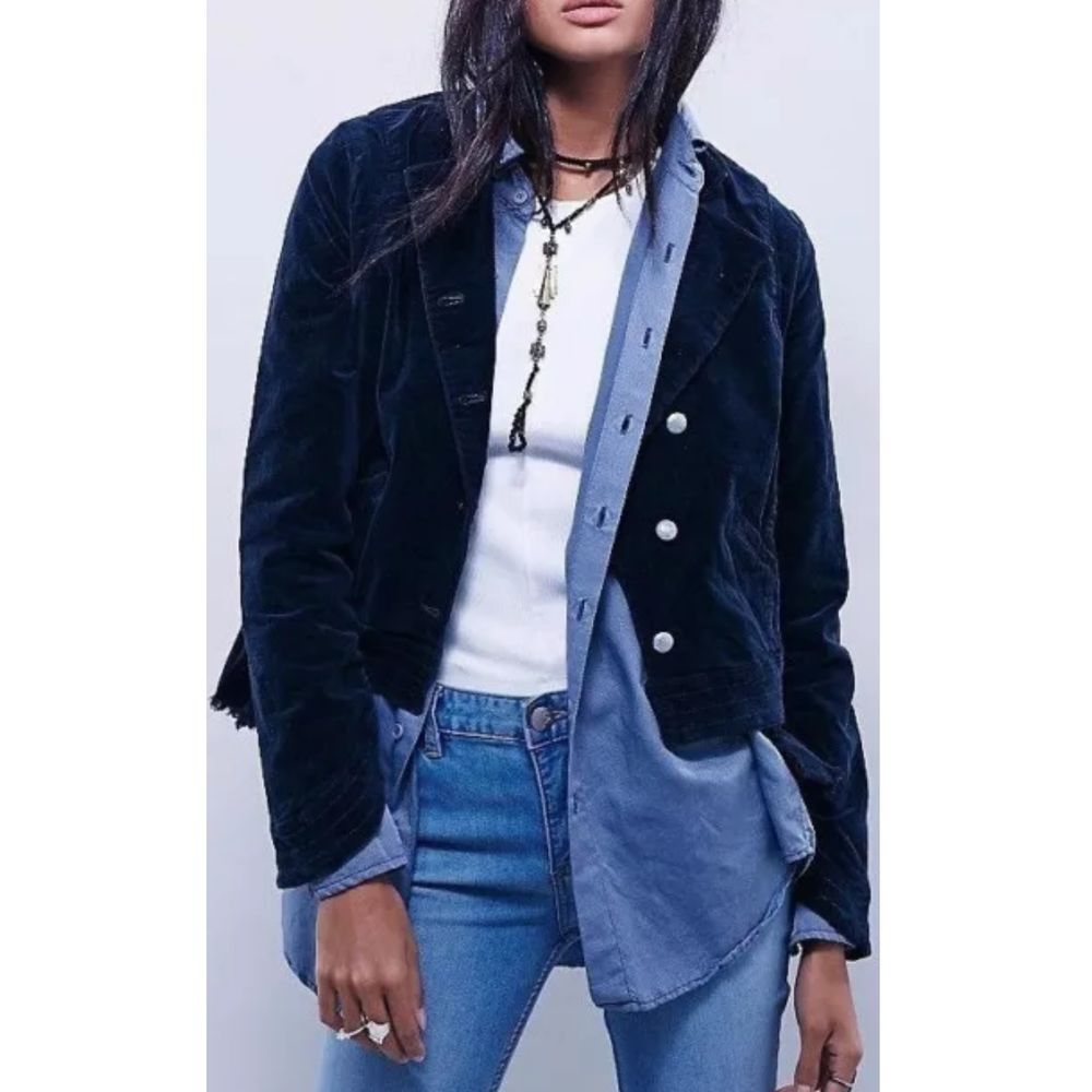 Free People Velvet Military Blazer Uncut Cord Jacket Raw Hem Navy Blue Large
